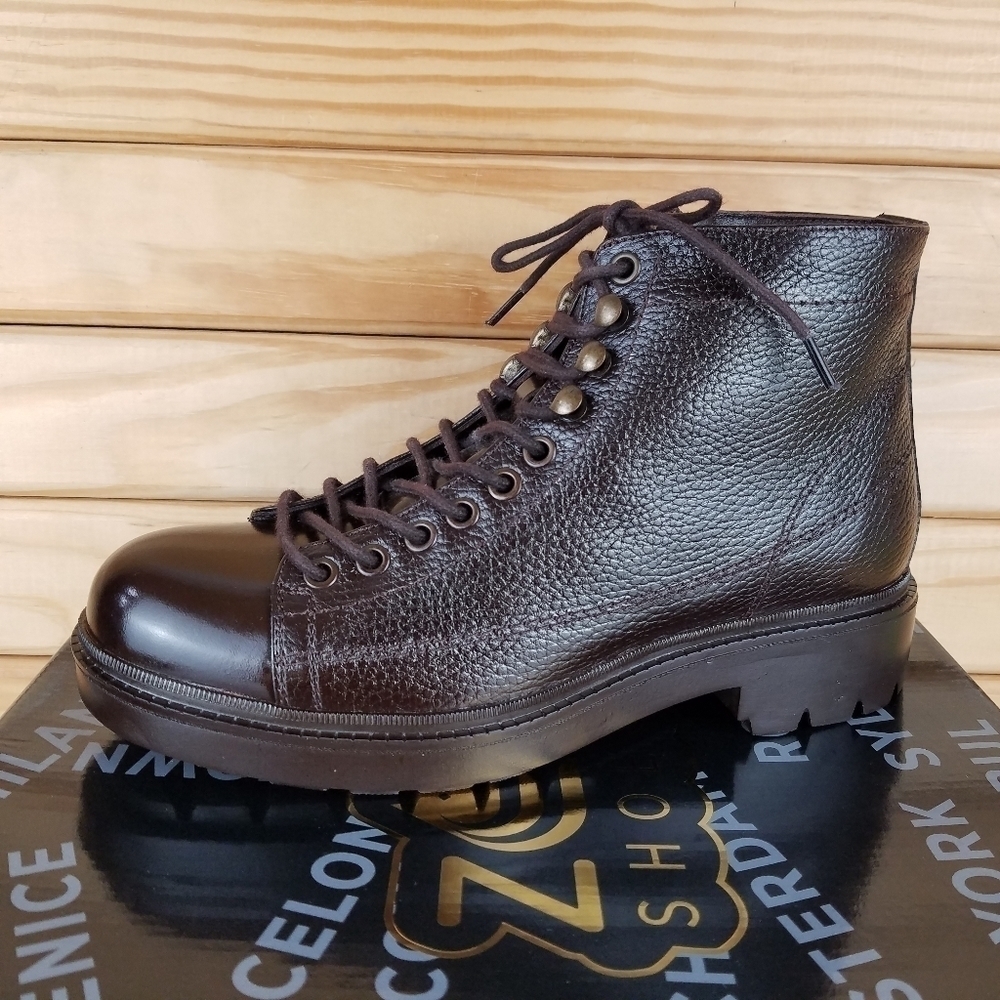 Men's 100% Genuine Leather Brown Ankle Boots 7 US Paul Branco Side Zip Lace-up
